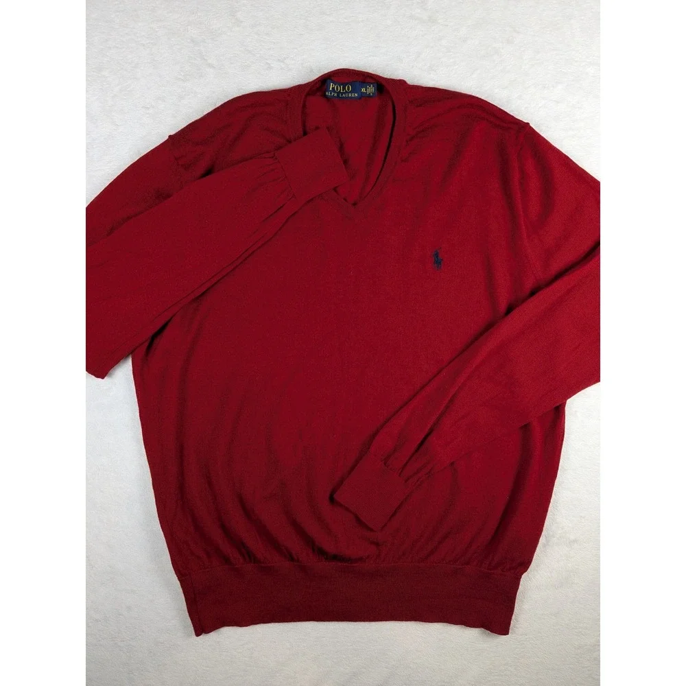 Polo Ralph Lauren‎ Mens Red V Neck Long Sleeve Merino Wool Sweater XL READ